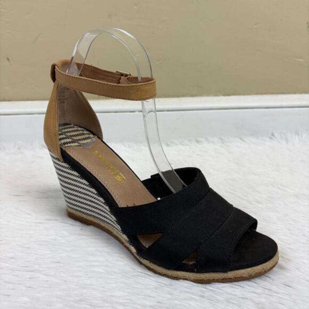 Sperry Top-Sider Striped Black Tan Wedge Sandal Size 9.5